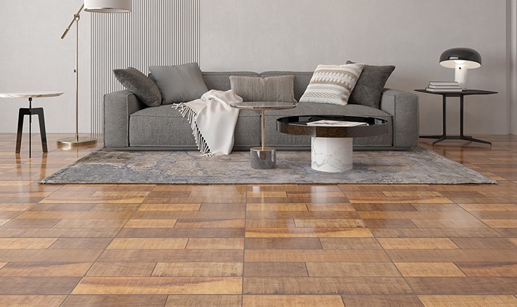 Sala de estar com piso porcelanato amadeirado brilhante